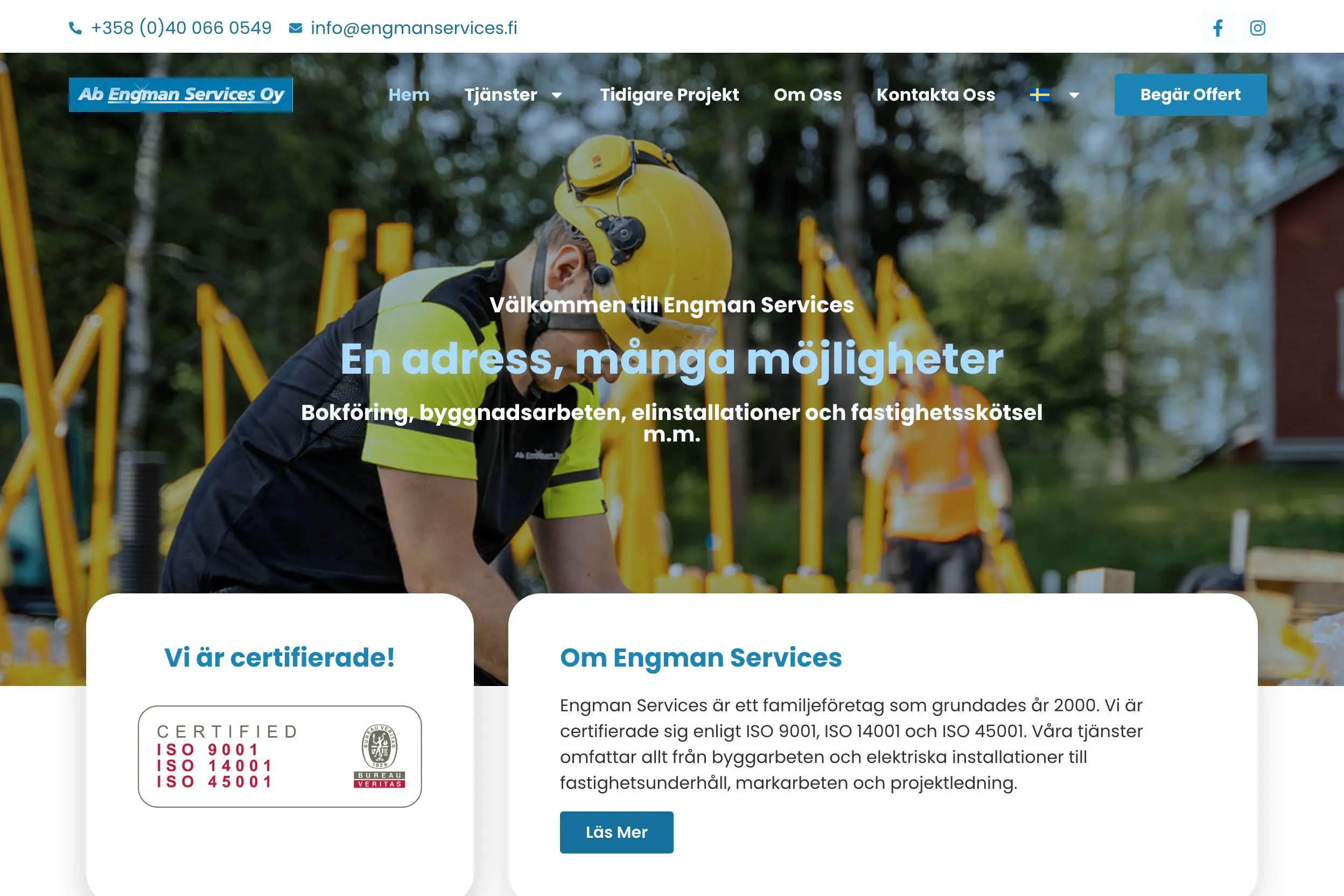 Engman Services webbplats visad i en webbläsare