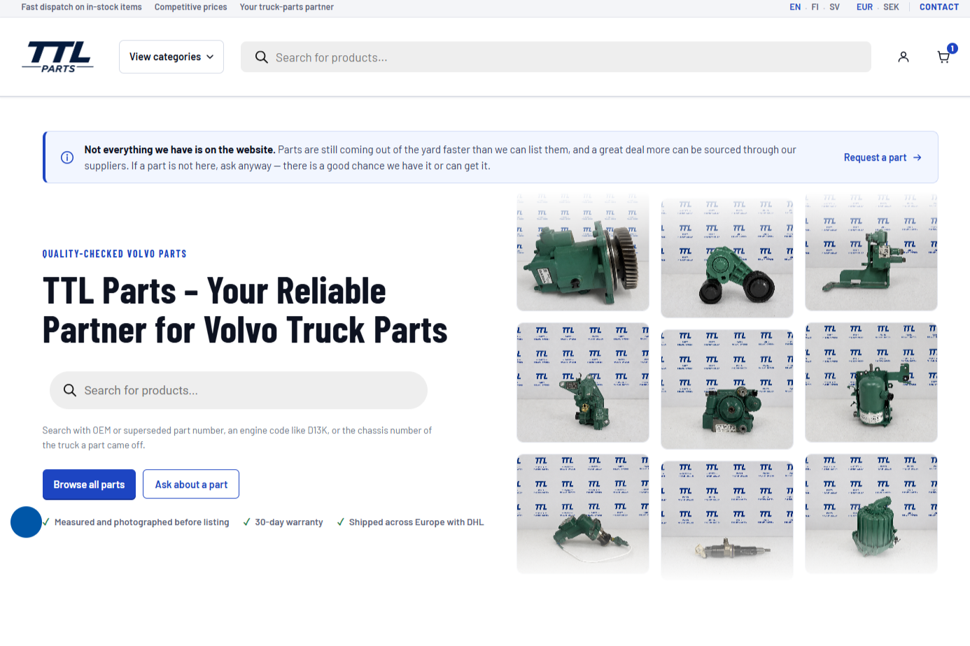 TTL Parts webbshop med sökfunktion för Volvo-reservdelar